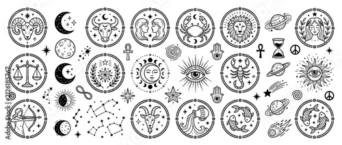 Bild auf Leinwand Celestial Zodiac Symbols and Constellations Isolated Transparent Background