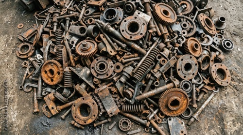 Pile of Rusty Metal Scrap Parts, Gears, Springs, and Bolts