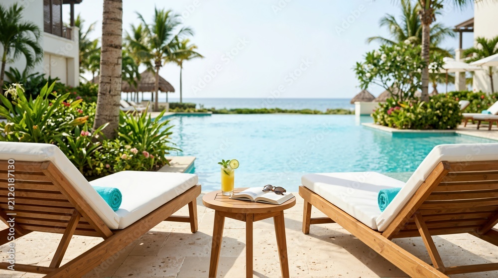 Fototapeta premium Two lounge chairs by a swimming pool at a tropical resort. Wooden table with cocktail, book, and sunglasses. All inclusive summer vacation travel concept