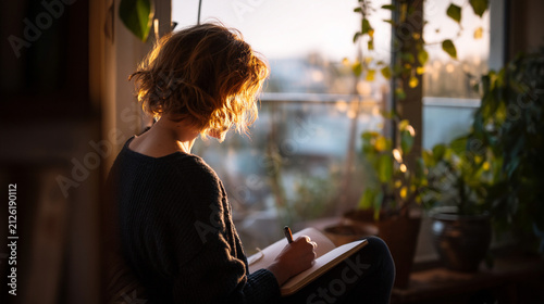 Young woman writing in notebook at home during warm golden hour