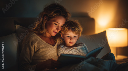 Loving mother reading a book to her little boy at night in a bedroom