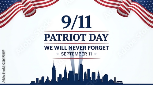 911 patriot day banner with american flag and new york city skyline silhouette isolated on white background
