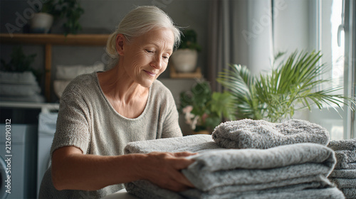 Smiling senior woman folding fresh grey towels in a laundry room