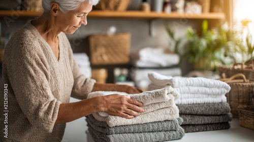 Senior woman folding clean cotton towels in a bright laundry room