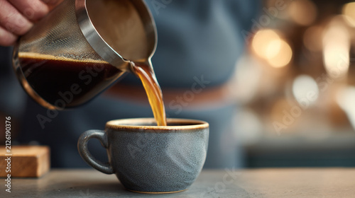 Fresh hot coffee pouring from a metal pitcher into a ceramic cup