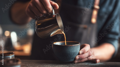 Professional barista pouring hot coffee into a cup at a coffee shop
