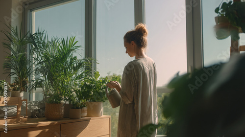 Young woman watering potted plants in a sunny living room at home