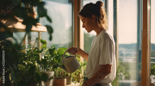 Young woman watering green indoor plants in a sunlit home garden