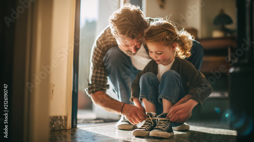 Father helping his young daughter tie her shoelaces at home doorway