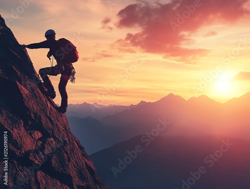 Rock Climber Scaling a Mountain at Sunset with Backpack and Gear