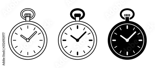 Pocket watch icons in outline and solid styles, UI and web interface