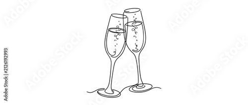 Three champagne glasses clinking, single line drawing