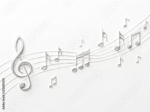 Delicate silver treble clef and flowing musical staff with floating notes on a clean white background representing melody harmony composition performance music education and creative sound