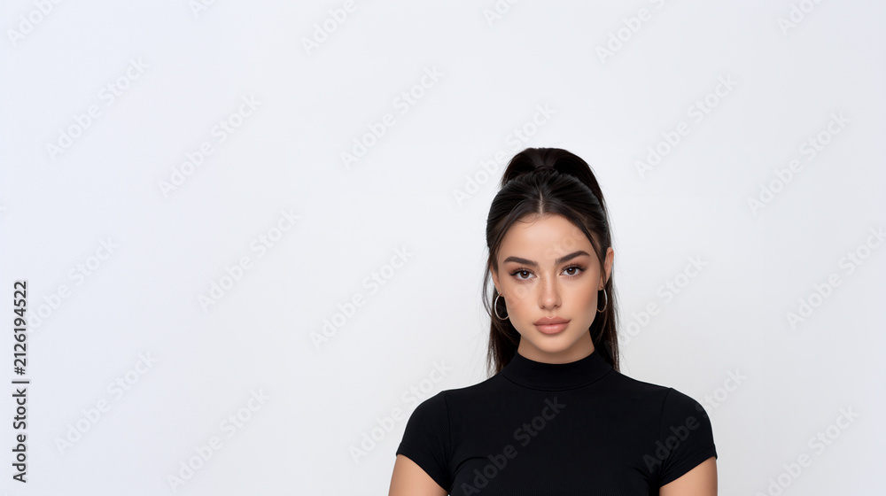 Fototapeta premium woman with sleek black ponytail portrait, minimalistic beauty portrait of attractive woman, fashionable latina woman with elegant style and confidence