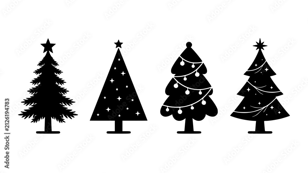 Obraz premium Set of four black silhouette christmas tree icons isolated on a white background