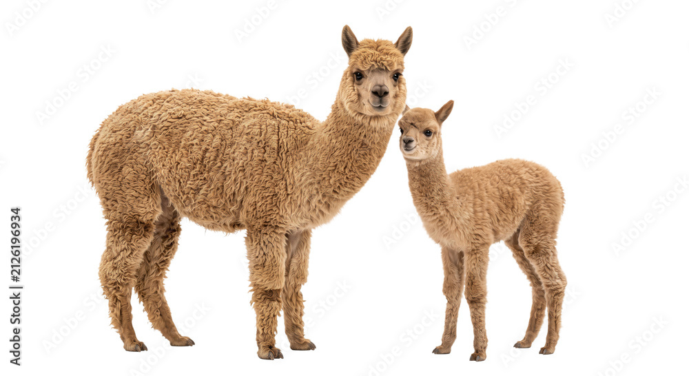 Naklejka premium Mother and baby alpaca standing together on a white background
