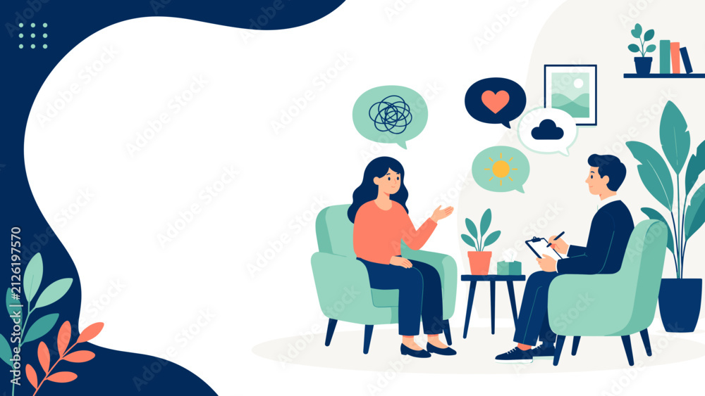 Fototapeta premium Two people sit in cozy chairs, engaged in conversation. Thought bubbles float above them, showing emotions and ideas. Soft colors and plants create a calming atmosphere. Ideal for therapy, counseling