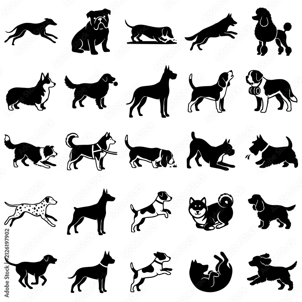 Obraz premium Collection of twenty-five black silhouette featuring various dog breeds in different poses on a white background, for pet projects