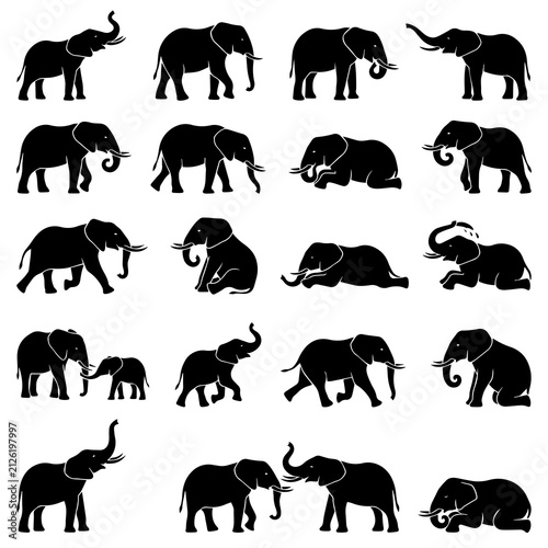 Canvas Print Set of black silhouette featuring elephants in various natural poses and actions