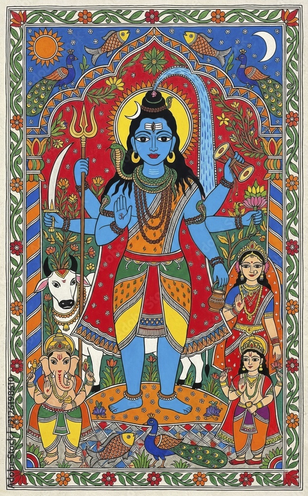 Fototapeta premium This colorful artwork showcases Lord Shiva, Parvati, Ganesha, and Nandi, adorned with traditional Indian motifs and celestial elements, AI generated