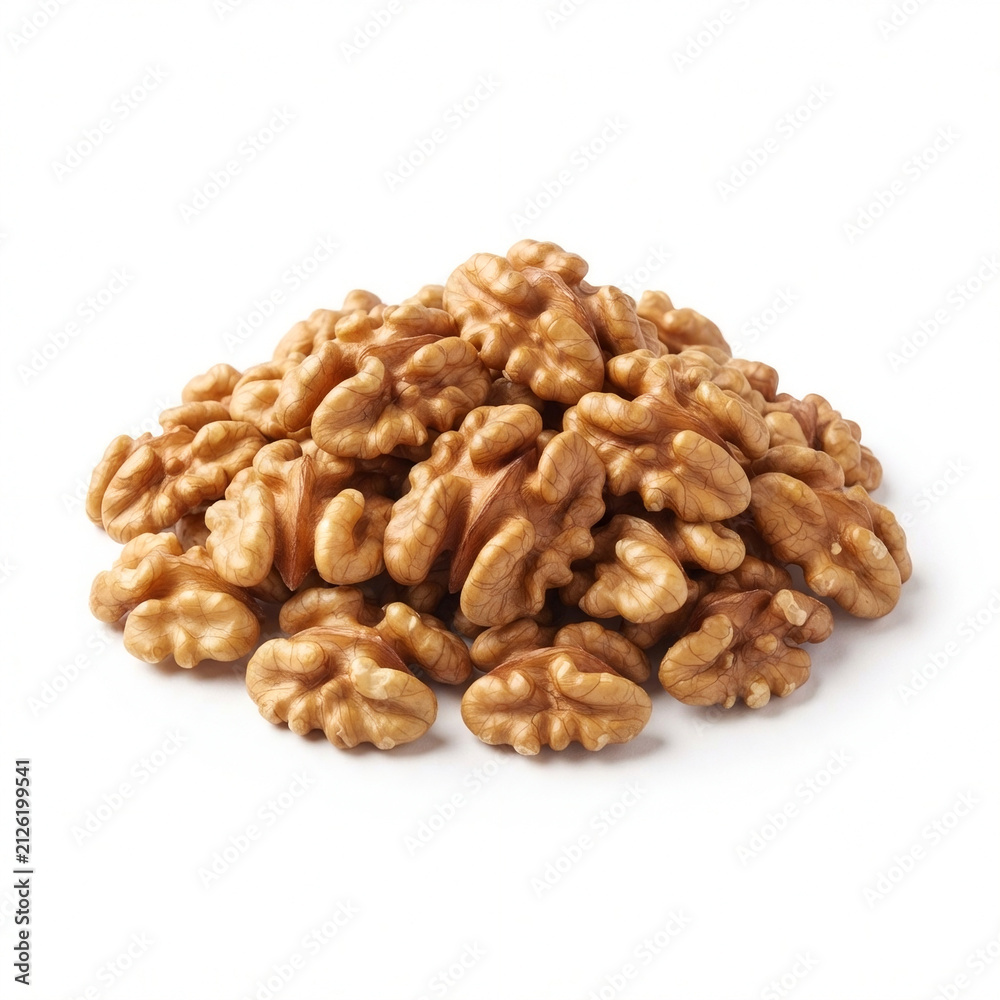 Fototapeta premium Heap of shelled walnut halves isolated on a white background