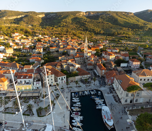 Jelsa on island Hvar in Croatia from above during golden hour