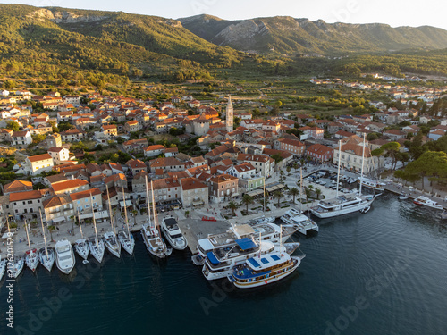 Jelsa on island Hvar in Croatia from above during golden hour