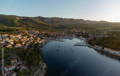 Jelsa on island Hvar in Croatia from above during golden hour