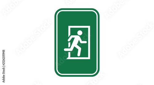 Green running man exit sign indicating emergency escape route.