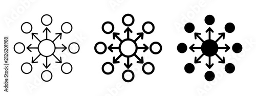 Abstract radial network icons, hub and spoke system, central connection, distribution, expansion