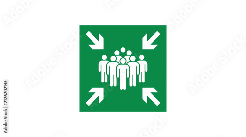 Assembly point sign green emergency safety sign with group of people icon.