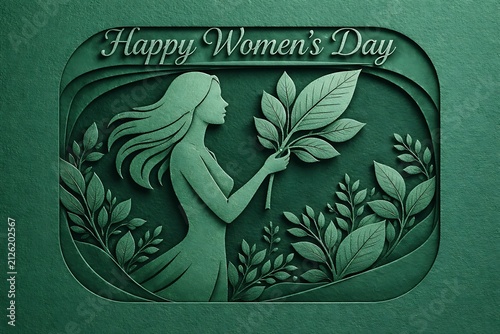 Women day design nature theme female silhouette holding leaf green background