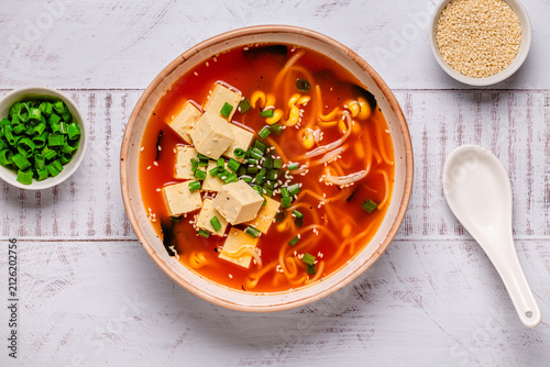 Konstfotografi Spicy miso soup with tofu and bean sprouts
