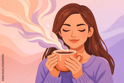 Woman enjoying warm beverage with steam rising against soft background