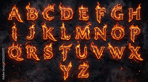 Fiery alphabet A-Z made of burning rock and lava. Each letter glows orange with flames and embers on a dark scorched background.