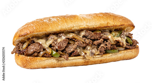 Fotografie Delicious Philly cheesesteak sandwich with melted cheese and grilled onions