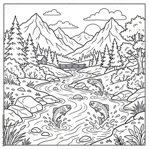 Salmon jumping in mountain river stream