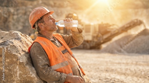 Thirsty construction worker drinking water from a plastic bottle at a dusty quarry site. Exhausted man in hard hat hydrating during a break from hard labor in the hot sun