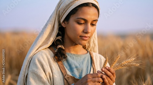 Ruth gleaning wheat in a golden field. Biblical woman harvesting grain. Old Testament story of faith and loyalty