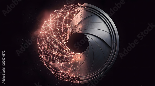 Camera aperture shutter with glowing particles. Abstract lens mechanism with light effects.
