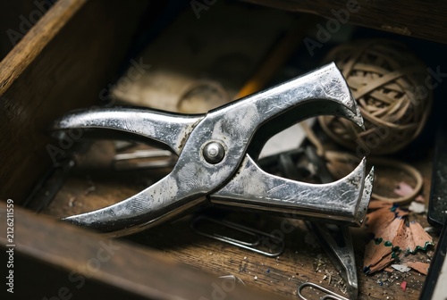 Macro close up of a chrome metal staple remover showing smudged fingerprints and micro-scratches