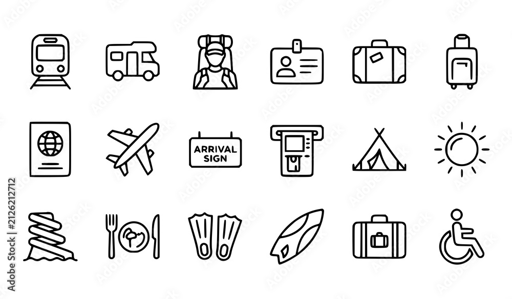 Fototapeta premium Minimal Travel Tourism and Outdoor Adventure Thin Line Icon Collection for Web and Mobile Design
