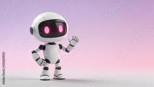 White humanoid robot with glowing pink eyes waving against soft purple-pink gradient background