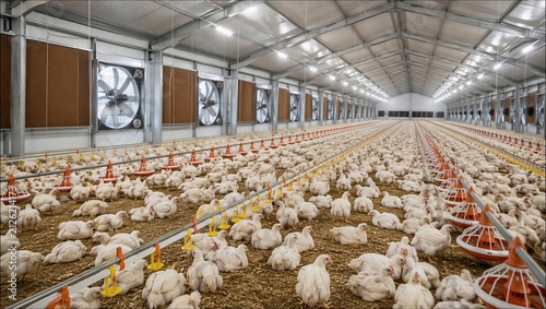 Modern large scale industrial poultry farming facility interior with automated feeding with broiler chickens resting shavings beneath bright