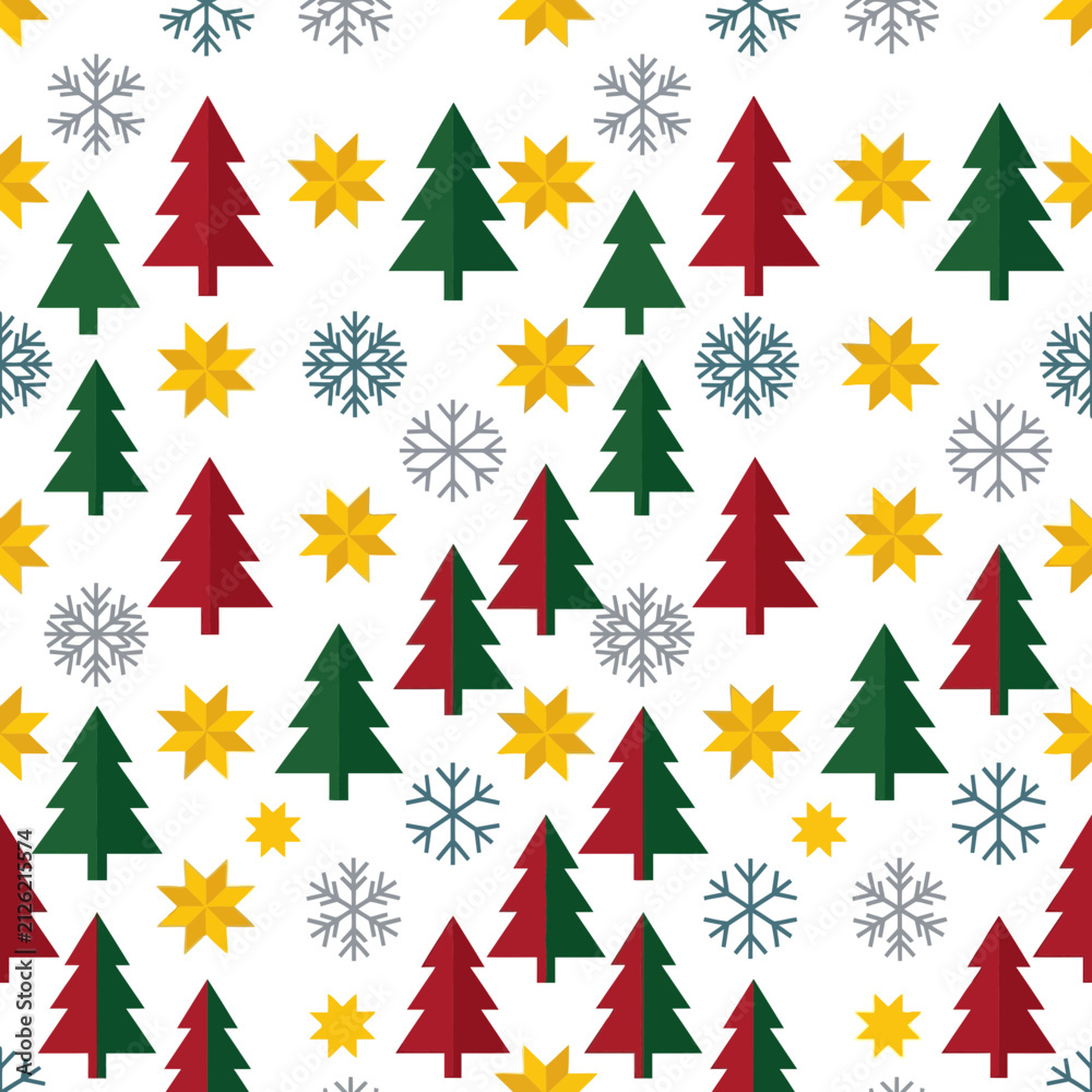 Obraz premium Christmas Tree Snowflakes Stars Seamless Pattern Vector