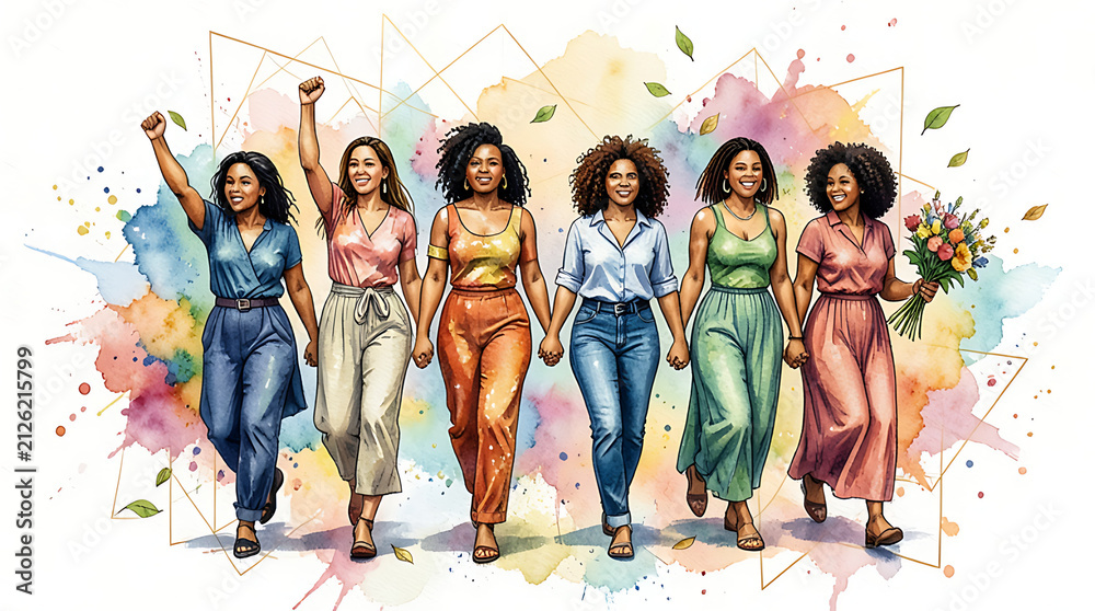 Naklejka premium Diverse group of women walking together holding hands against a watercolor background with leaves.