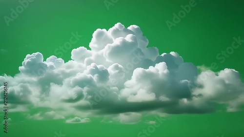 Fluffy white clouds float against a vibrant green sky.