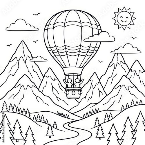 Hot air balloon ride over mountains and forest