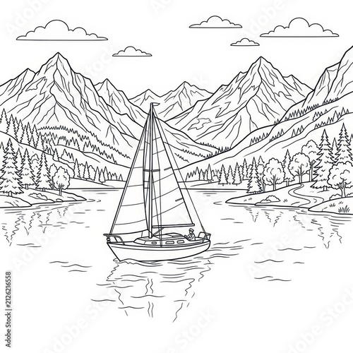 Sailboat on a lake surrounded by mountains