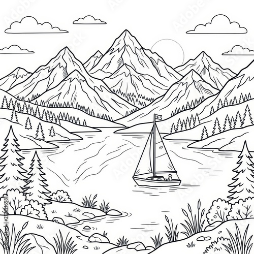 Sailboat on lake with mountains and trees